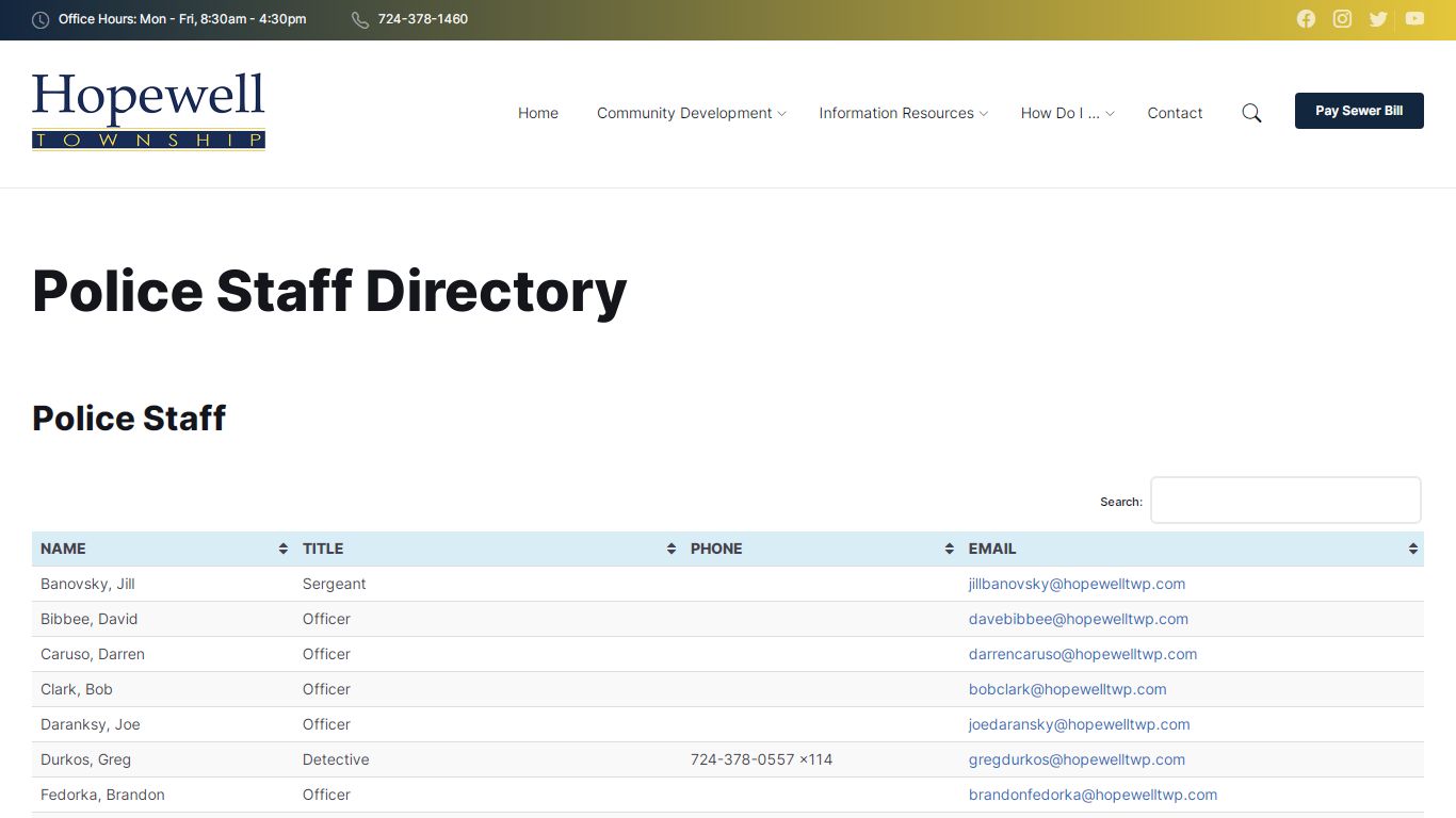 Police Staff Directory – Hopewell Township