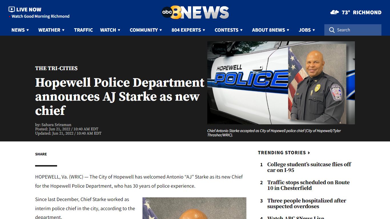 Hopewell Police Department announces AJ Starke as new chief